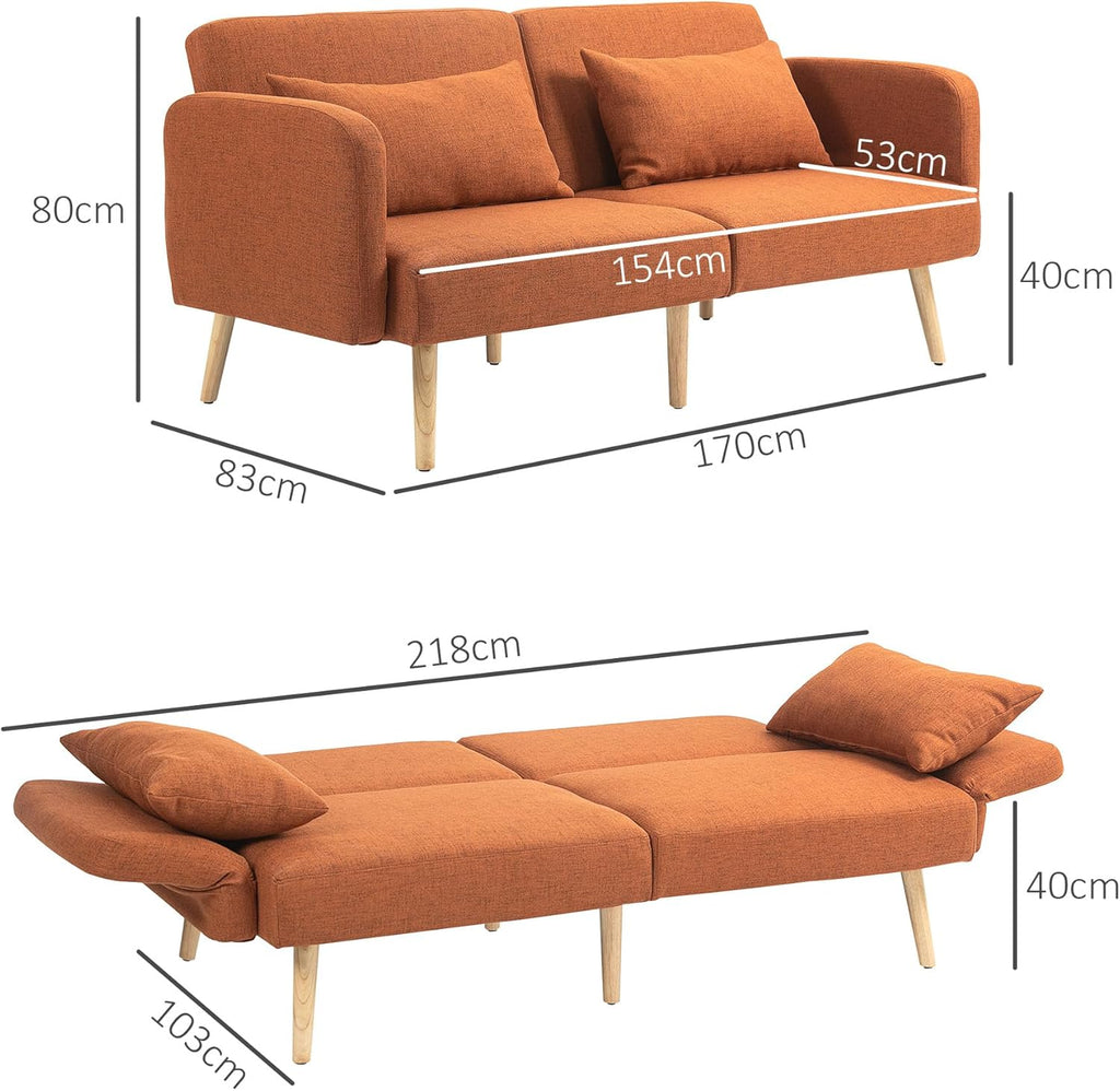 HOMCOM Canapé Convertible 3 Places, canapé-lit 2 Places, Dossier inclinable et accoudoirs réglables, clic clac en Tissu Effet Lin, Pieds en Bois Massif, 2 Coussins lavables, Marron