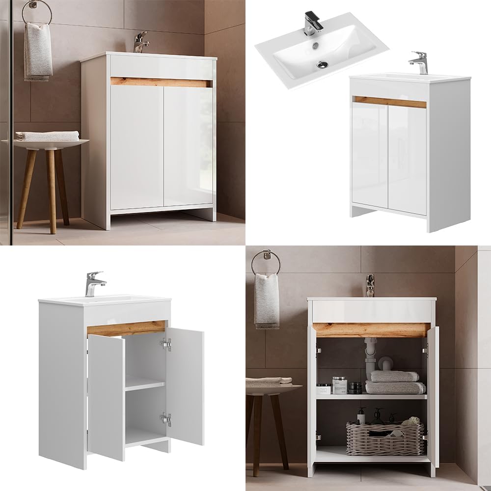 Vicco Ensemble de Meubles de Salle de Bain Lemgo, Blanc Haute Brillance, 2 pièces, Armoire Basse 60 cm