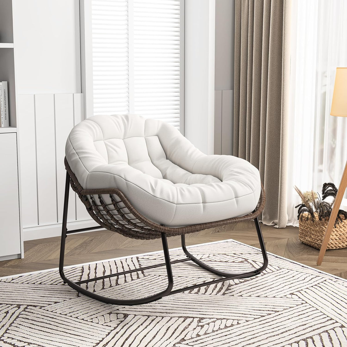 belupai Fauteuil à bascule en forme d'œuf en osier, jardin à bascule en rotin avec rembourré, chaise d'allaitement, cadre en métal, pour extérieur et intérieur, jusqu'à 113 kg beige