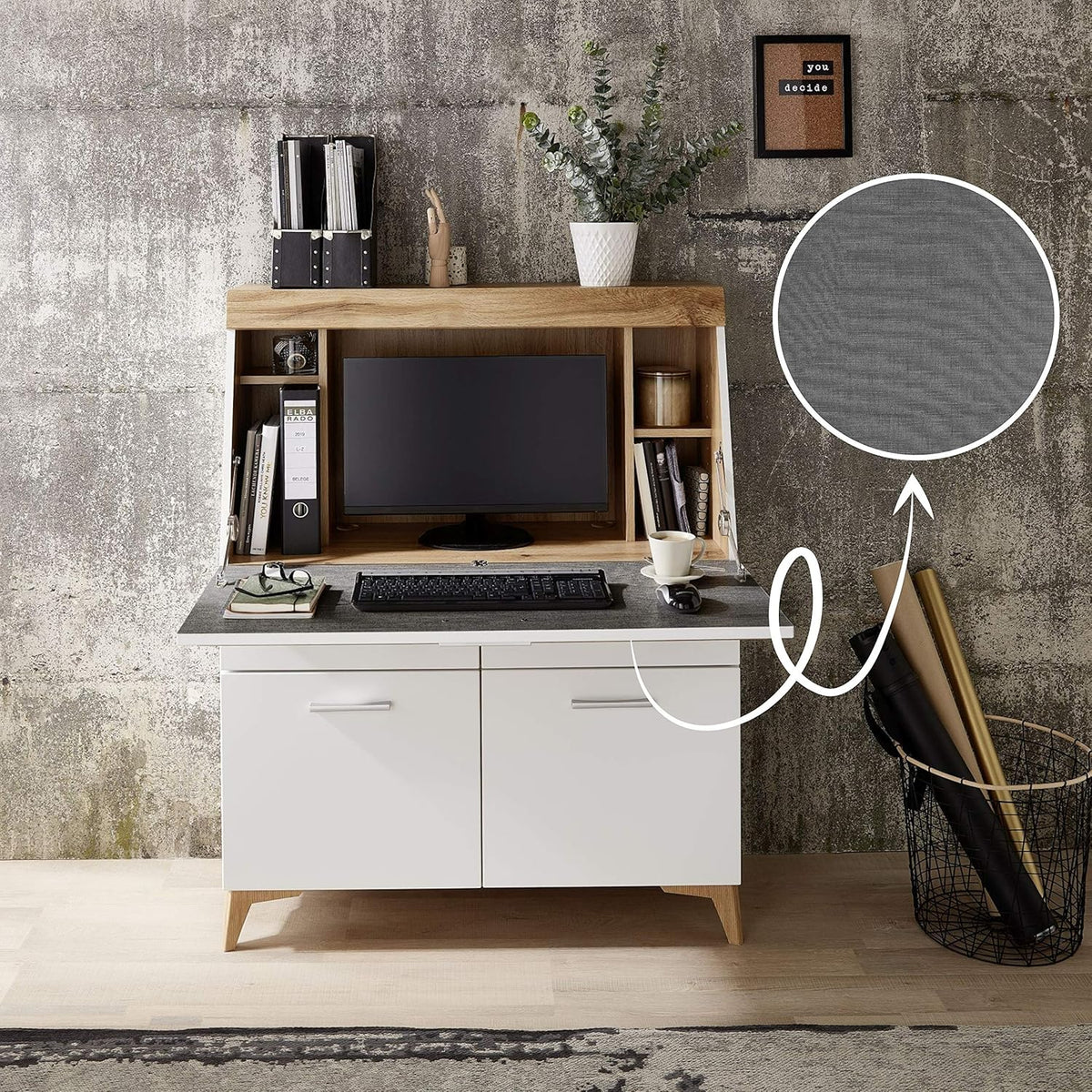 Stella Trading Secret Secrétaire de Bureau tiroirs, Bois d'ingénierie, Blanc Mat/Chêne Vieilli, 98 x 124 x 42 cm