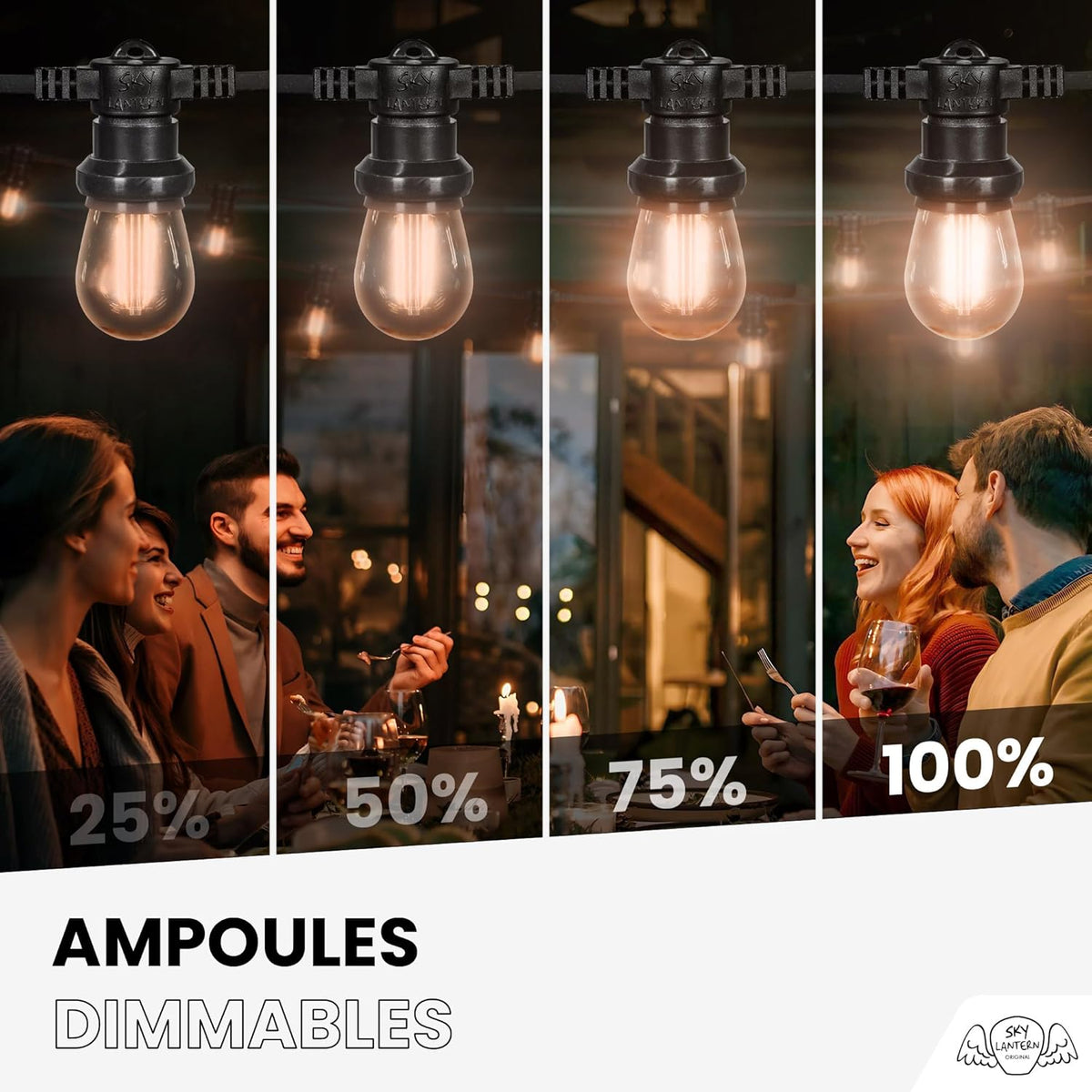 SKYLANTERN Guirlande Guinguette 20M 60 Bulbes Filament Ambré - Guirlande Lumineuse Ampoule E27 Ambrée - Guirlande Guinguette Led Filament rétro