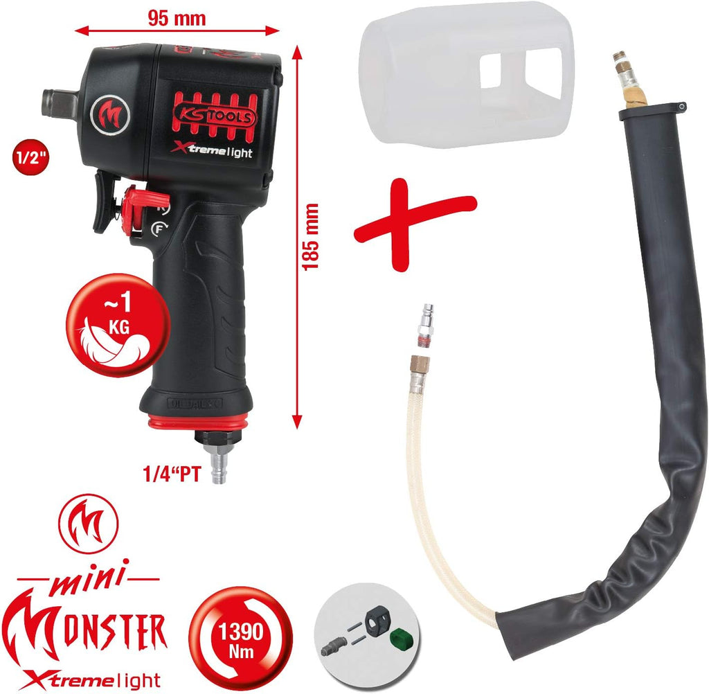 KS Tools 515.1155 - Clé à Choc Pneumatique Mini Monster Xtremelight 1/2'' - Boulonneuse à Choc avec Silencieux et Protection Silicone - Visseuse à Choc Électrique Ultra Légère - Puissance Max 1390 Nm