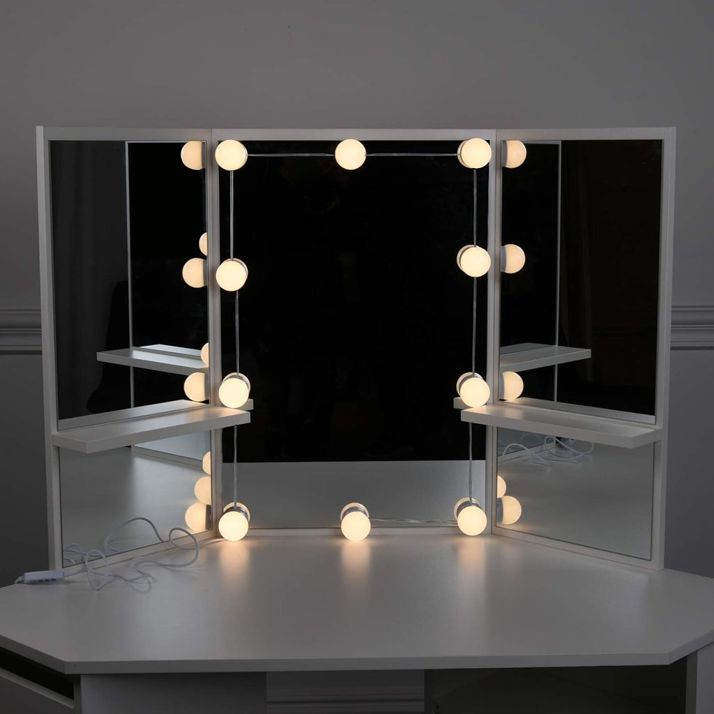 LEMROE Coiffeuse d'angle avec Miroir à LED Réglable, Table de Maquillage avec 5 Tiroirs et Tabouret - Coiffeuse avec 3 Miroirs et Grand Espace de Rangement