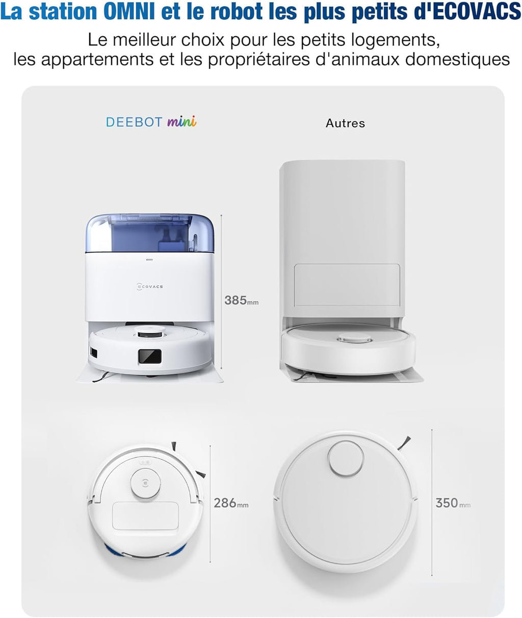 ECOVACS DEEBOT Mini Aspirateur Robot, Aspiration 9 000 Pa, ZeroTangle 2.0, TrueMapping 2.0, séchage à 45 ℃, vidage Auto, Lavage Intelligent en Profondeur, Nettoyage Auto en Un clic, Bleu
