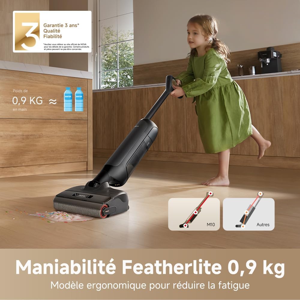 Mova M10 Aspirateur eau et poussière, portée à plat de 180°, flexible et pivotant à 90°, poids de 0,9 kg en main, lavage de brosse 75 °C + séchage air chaud 5 min, anti-anchevêtrement,aspiration 18kPa