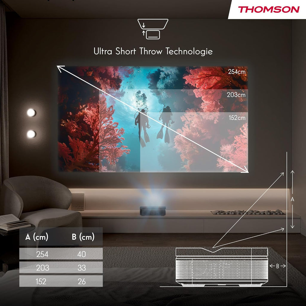 Thomson Sirius PG55B Projecteur Laser Intelligent Portable avec Google TV, Batterie Intégrée, Ultra Courte Focale, 600 Lumens ANSI, HDR10+, Dolby Audio, Mise au Point Automatique, WiFi, Bluetooth–Noir