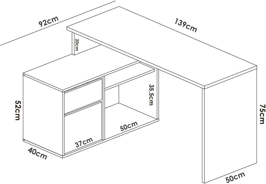 Dmora Scrivania Gardena, Positions pour Bureau ou Chambre d'enfant, Table d'étude d'angle Multi-usages, 139 x 92 x 75 cm, Bois, Chêne Blanc