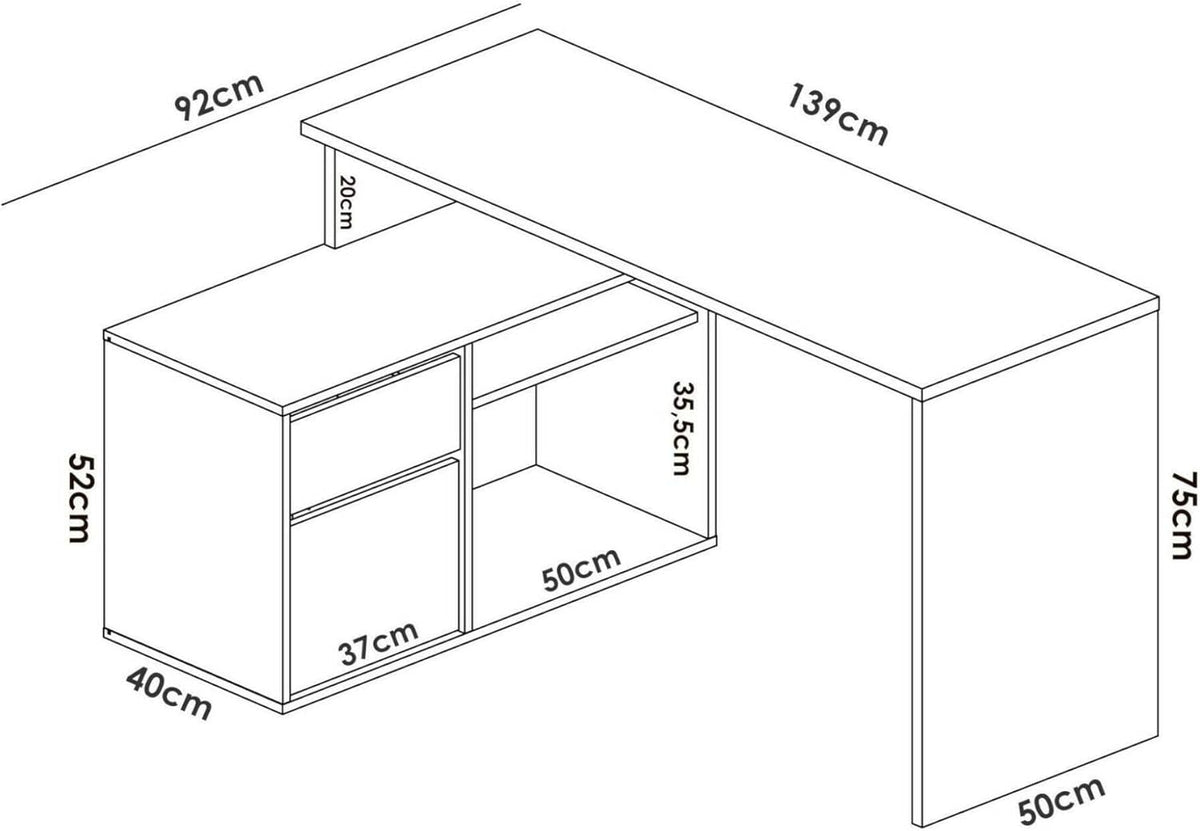Dmora Scrivania Gardena, Positions pour Bureau ou Chambre d'enfant, Table d'étude d'angle Multi-usages, 139 x 92 x 75 cm, Bois, Chêne Blanc