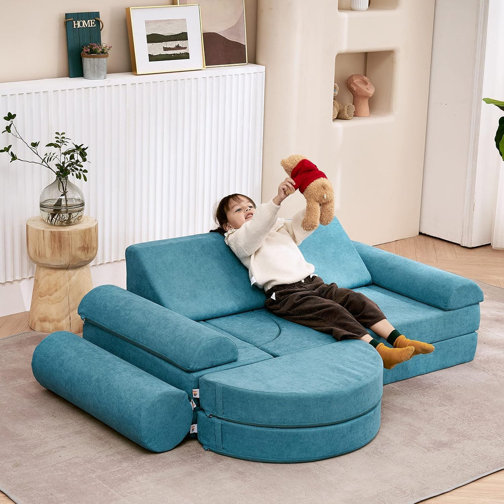 jela Canapé pour enfant, 14 pièces, modulable, en mousse, coin douillet dans la chambre d'enfant, pour jouer, être créatif, dormir, bleu sarcelle