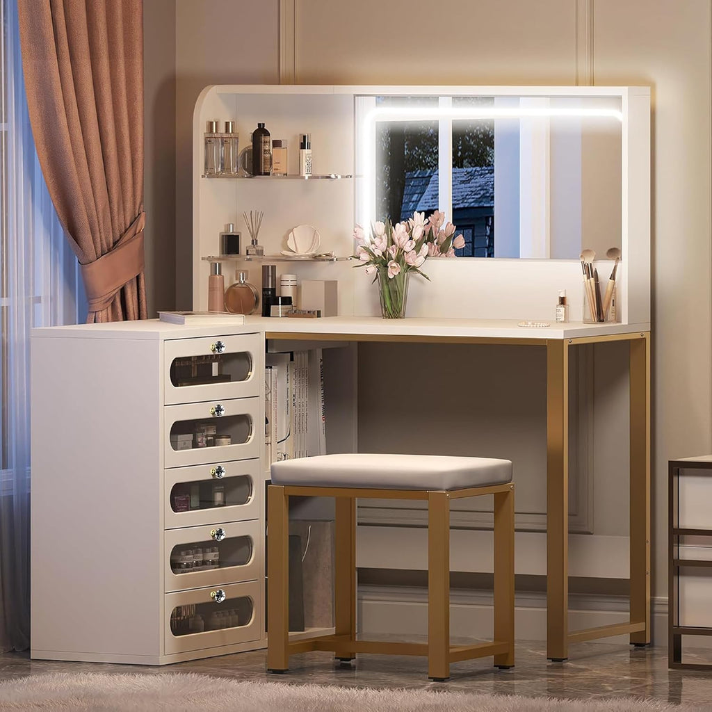 Coiffeuse avec Miroir Réglable LED et Tabouret, Coiffeuse d'angle en L, Commode Moderne avec 5 tiroirs et 2 étageres enacrylique, pour Chambre à Coucher, Salon, Blanc