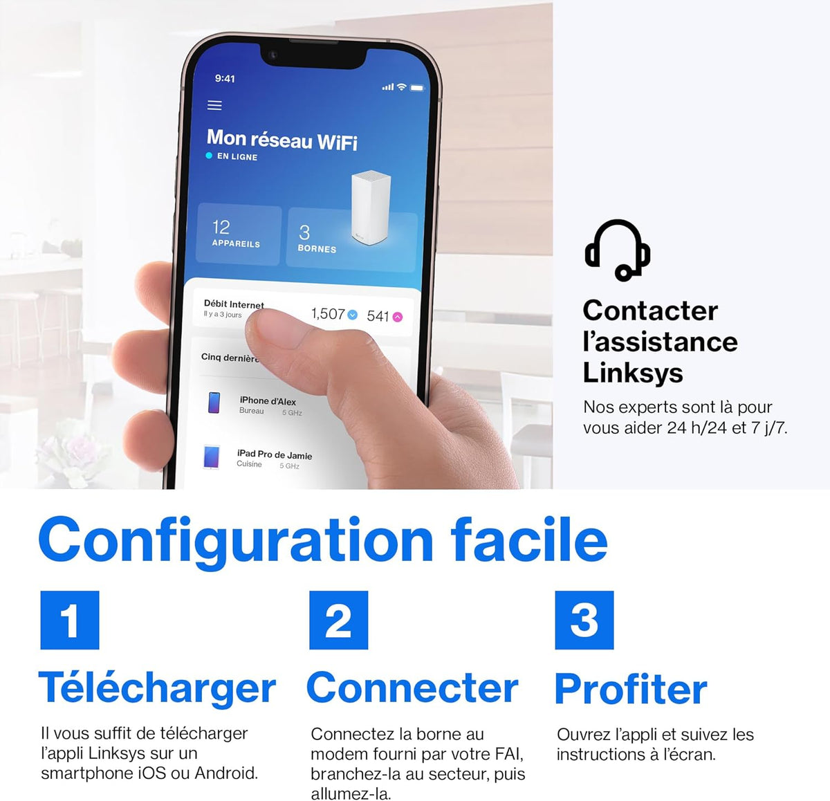 Linksys Système WiFi 6 Mesh triple bande Velop MX12600 (AX4200) (routeur WLAN, jusqu'à 830 m2, pour plus de 120 appareils, pack de 3, blanc)