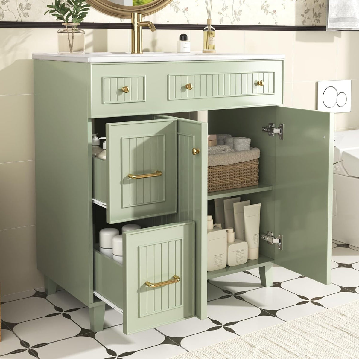 KOMHTOM Meuble de Salle de Bain avec, 2 Tiroirs, Poignée Métal et Étagère - 82 x 47 x 90cm Lavabo Simple Moderne - Armoire de Rangement en Bois (Vert)