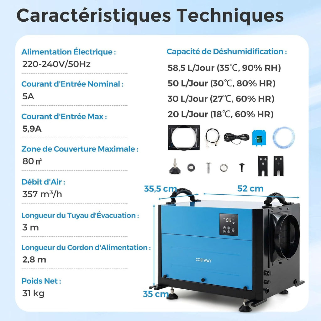 RELAX4LIFE Déshumidificateur Commercial 59L/J, Déshumidificateur Électrique avec Minuterie 24H et Mode Silencieux, Dégivrage Automatique, Tuyau de Drainage pour Maison Cave (59L/J,Bleu)