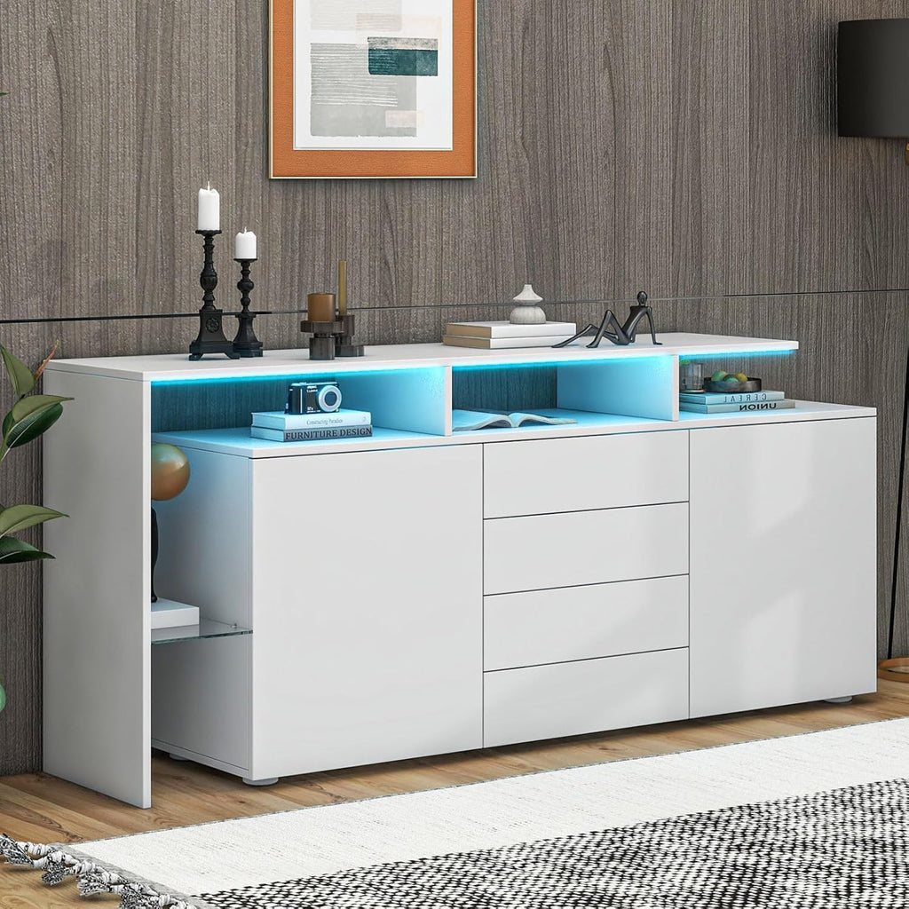 Entapuk Buffet LED, Meuble Polyvalent 2 Portes 4 Tiroirs, Vitrine Salle à Manger, Blanc Brillant