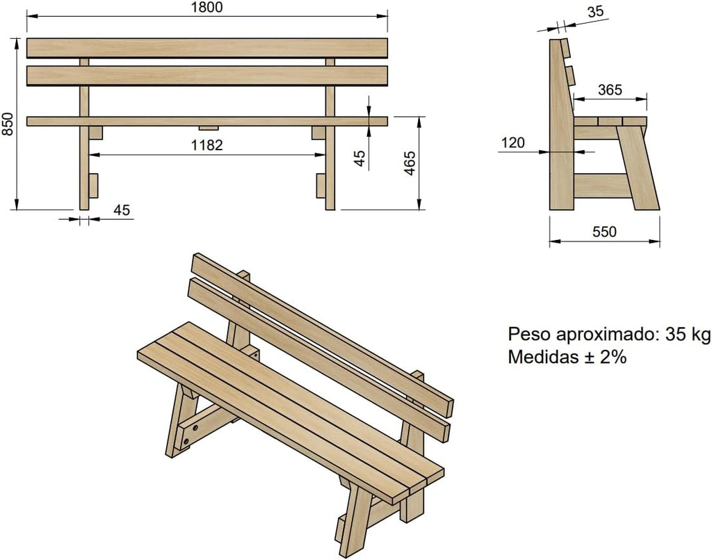 MASGAMES Banc avec dossier VIC Bois traité pour l'extérieur Autoclave Niveau IV 180 cm de long