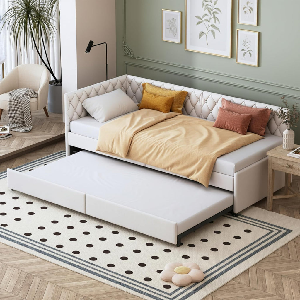 JYCRA Lit gigogne 90/180x200 cm,canapé lit 90x200 cm,Extensible,avec sommier à Lattes en Bois,Dossier Confortable avec Finition en Losange,Tissu en Velours Beige