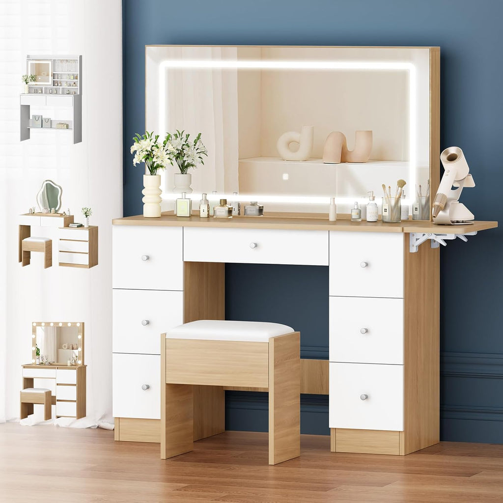 ALFORDSON Ensemble de coiffeuse avec miroir et prises de courant, table de toilette avec tabouret de rangement, 7 tiroirs et plateau pliable, 3 modes de couleur et 10 niveaux de gradation,Couleur bois