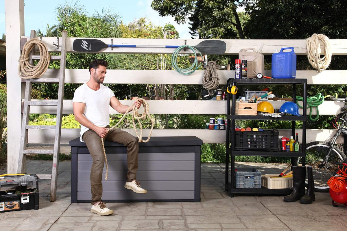 Ondis24 Keter Coffre de jardin XXL étanche (570 litres), boîte de rangement extérieur, coffre de rangement, coffre à coussins, banc
