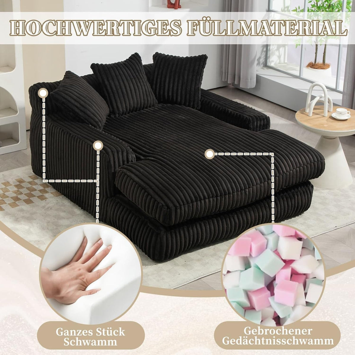 KOMHTOM Canapé-lit Moderne, Canapé Sol pour Les Paresseux, avec 3 Coussins, sans Installation, Idéal pour Chambre, Salon ou cinéma Maison (Noir)