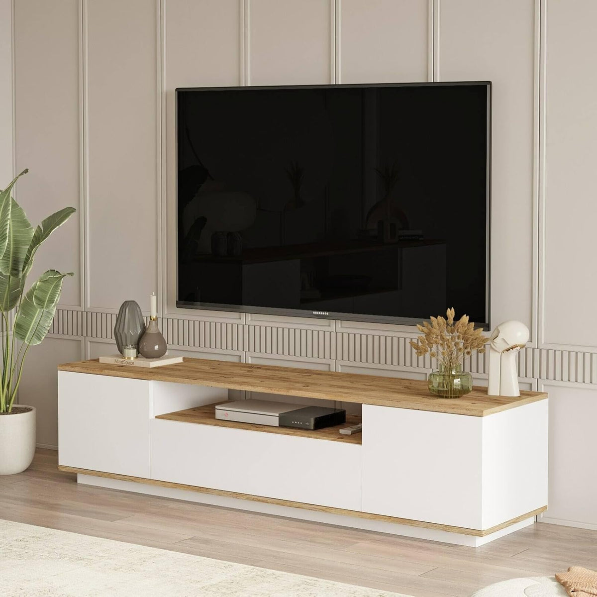 Dmora - Meuble TV Sinope, Buffet de Salon, Armoire Basse pour TV, Base Murale de Rangement, 180x45h45 cm, Chêne et Blanc