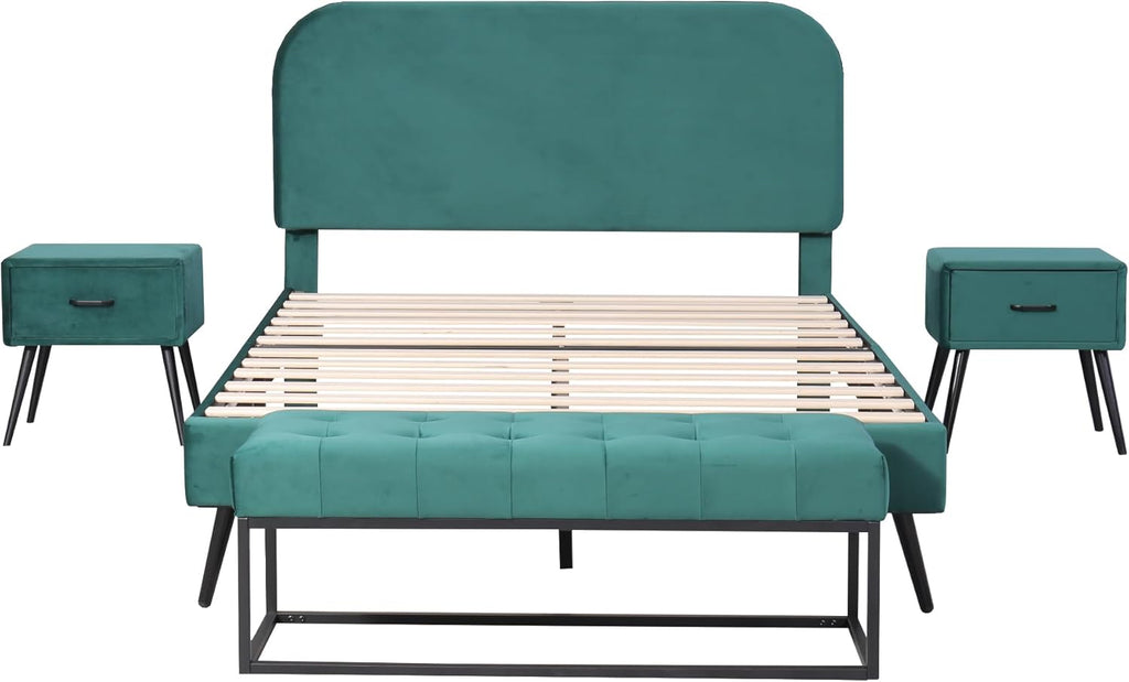 I0I&I0I Ensemble de meubles de chambre à coucher, design moderne, lit double, 2 tables de chevet + tabouret de lit, en velours (vert 2 + sans matelas)
