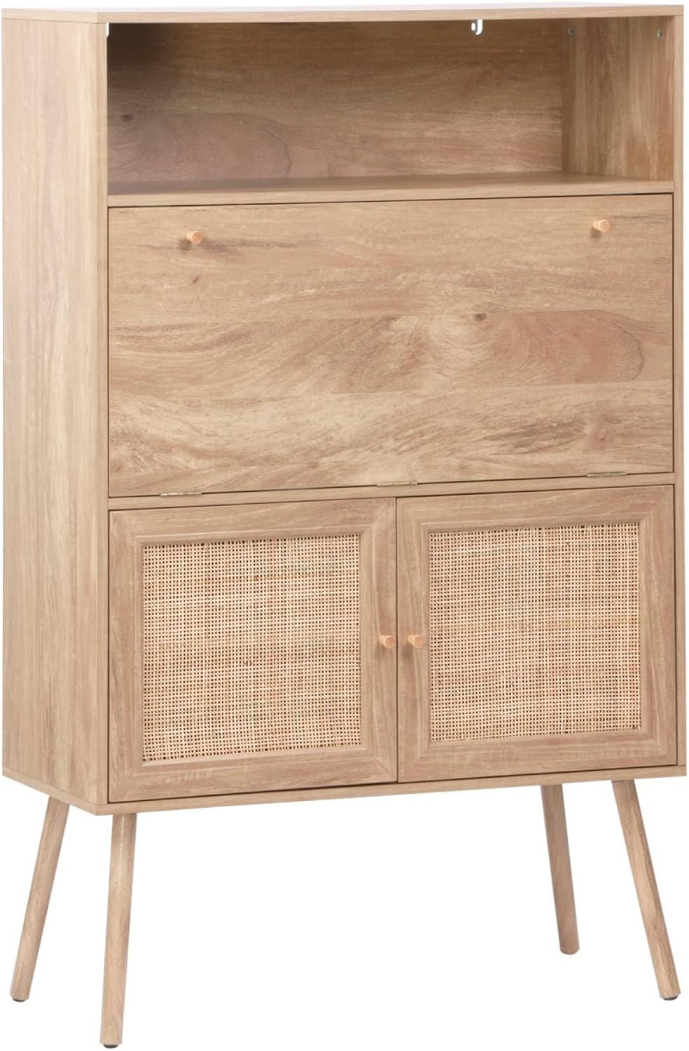 sweeek - Bureau secrétaire. 2 Portes en cannage. étagères. décor Bois. Pieds en Bois de Sapin