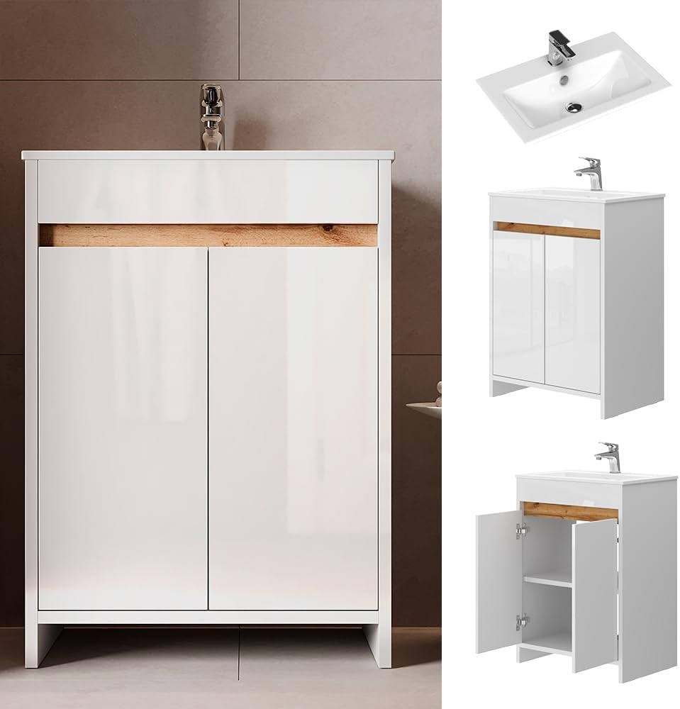 Vicco Ensemble de Meubles de Salle de Bain Lemgo, Blanc Haute Brillance, 2 pièces, Armoire Basse 60 cm