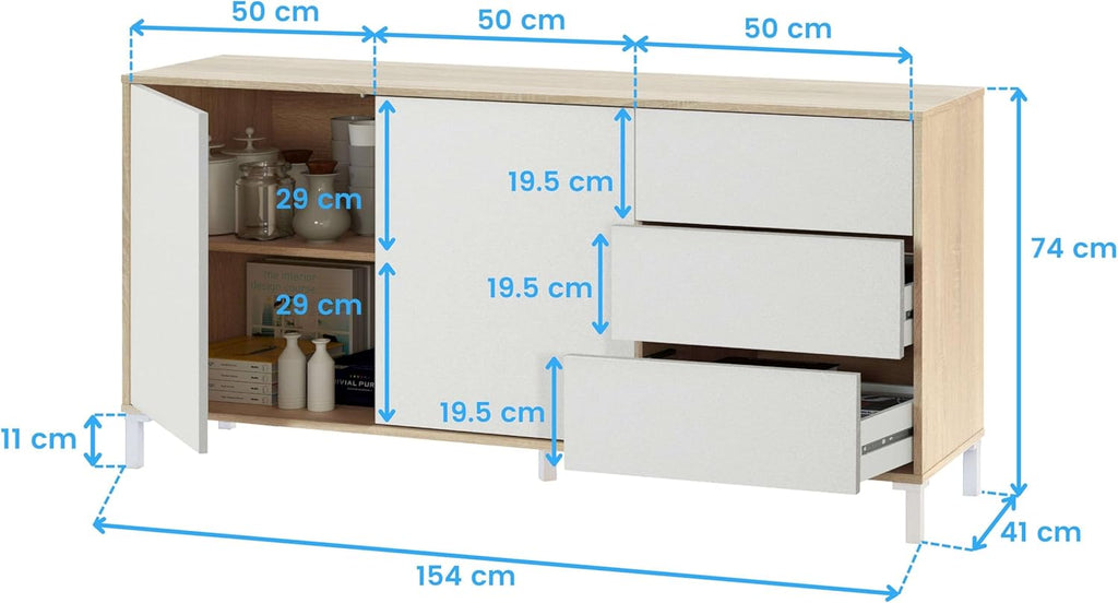 Habitdesign Modèle Brooklyn Buffet 2 portes + 3 tiroirs Finition chêne canadien et Blanc Artik , dimensions : 74 x 154 x 41 cm H x l x P .