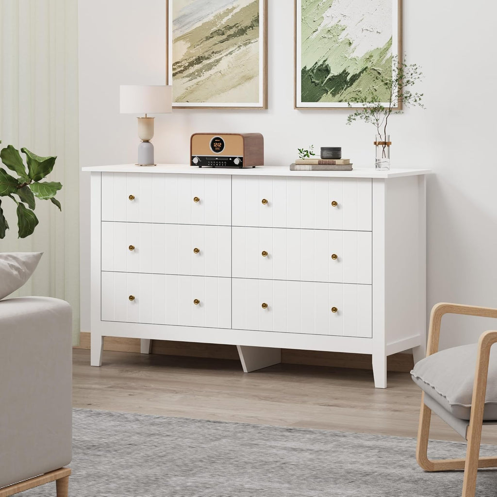 FOREHILL Commode avec 6 Tiroirs Commode Chambre Adulte Grande Commode Blanche Meuble de Rangement pour Salon Moderne en Bois 133x45x79.5cm