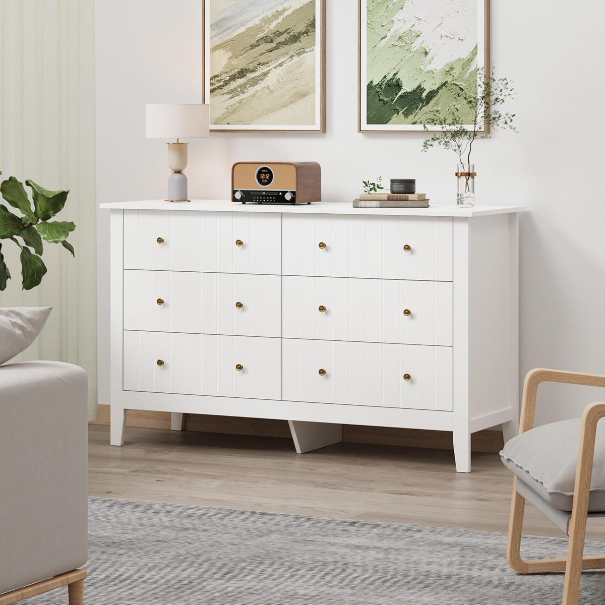 FOREHILL Commode avec 6 Tiroirs Commode Chambre Adulte Grande Commode Blanche Meuble de Rangement pour Salon Moderne en Bois 133x45x79.5cm