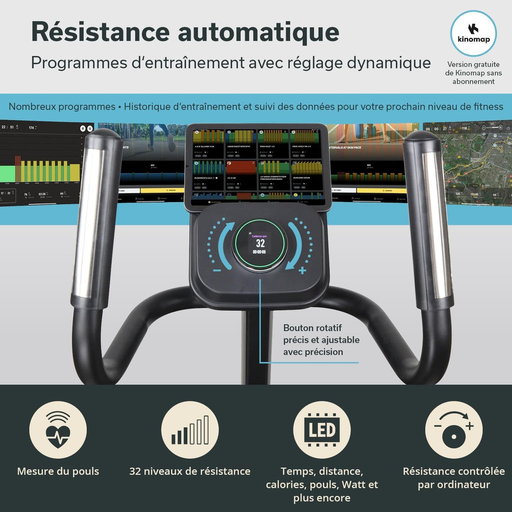 Skandika Vélo elliptique Carbon P25, Vélo elliptique Pliable, 32 Niveaux de Résistance, Auto-alimenté, Frein Magnétique, Écran LCD, Bluetooth, Kinomap, Double Rail, Masse d'inertie 25KG, Max 150KG