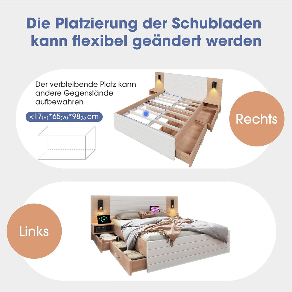Lit double en bois - 180 x 200 cm - Avec 2 tiroirs - Lampe de tête de lit - Lampe de lecture avec fonction de charge USB - Lit moderne avec 2 commodes de chevet - Cadre de lit et sommier à lattes -