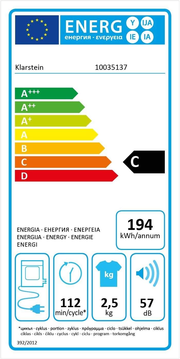 KLARSTEIN Jet Set 2500 - sèche-linge, par extraction, chargeur frontal, 850 W, pose libre/encastré, 2,5 kg, élément chauffant PTC, réglable jusqu'à 60 °C, minuterie 20 à 200 mn, compact, blanc