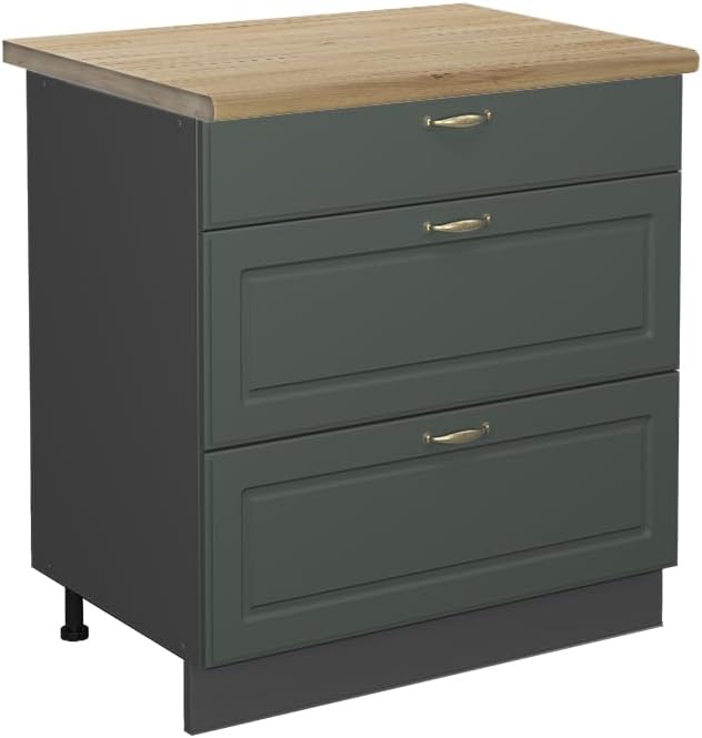 Vicco Meuble Cuisine Fame-Line, Vert Or Campagne/Anthracite, 80 cm avec 3 tiroirs, PT Chêne