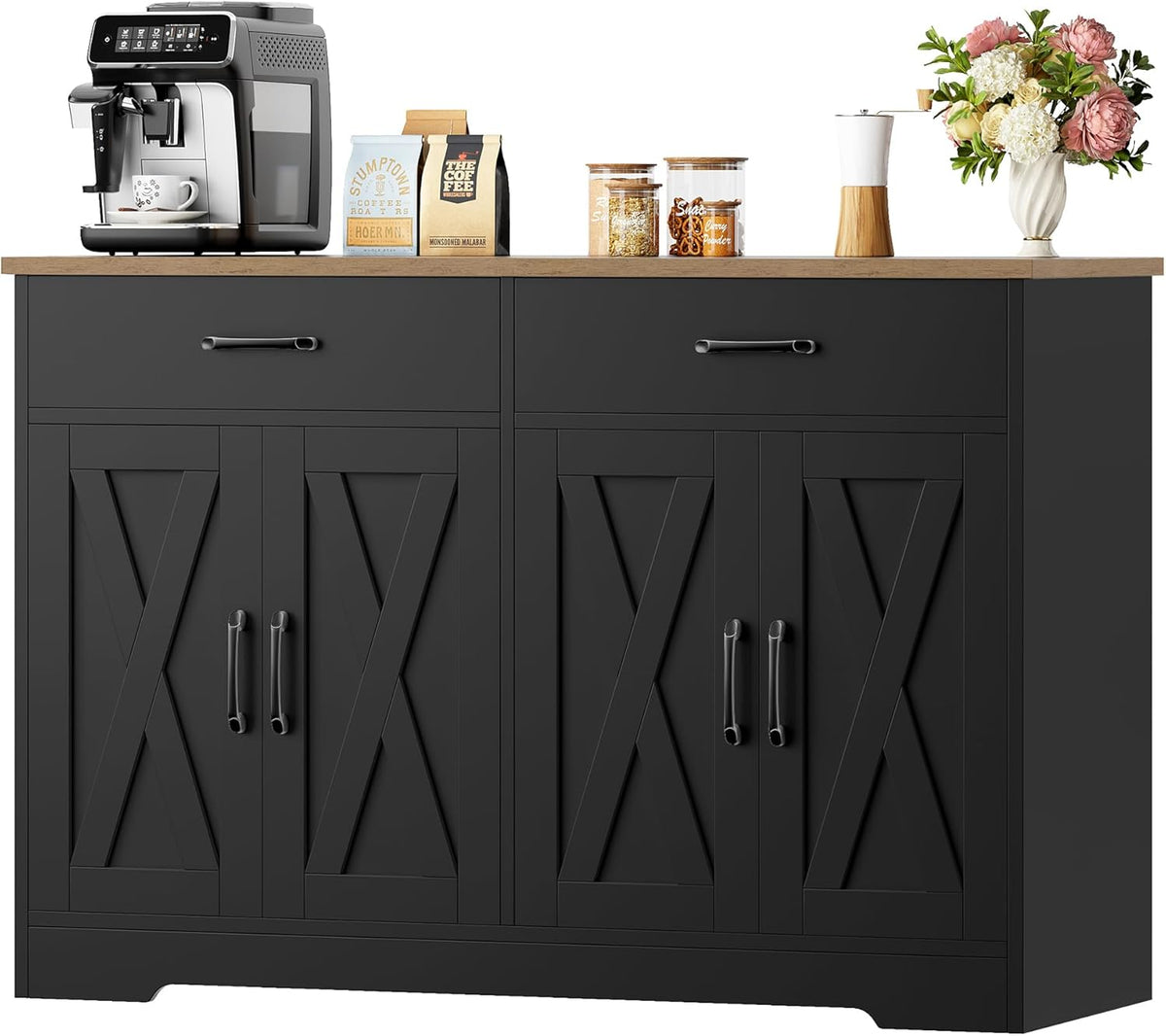 HOCSOK Buffet, 120 cm Meuble Cuisine, Buffet Salle a Manger avec 2 Tiroirs 4 Portes, Meuble de Rangement pour Salon, Cuisine, Couloir, Noir + Antique