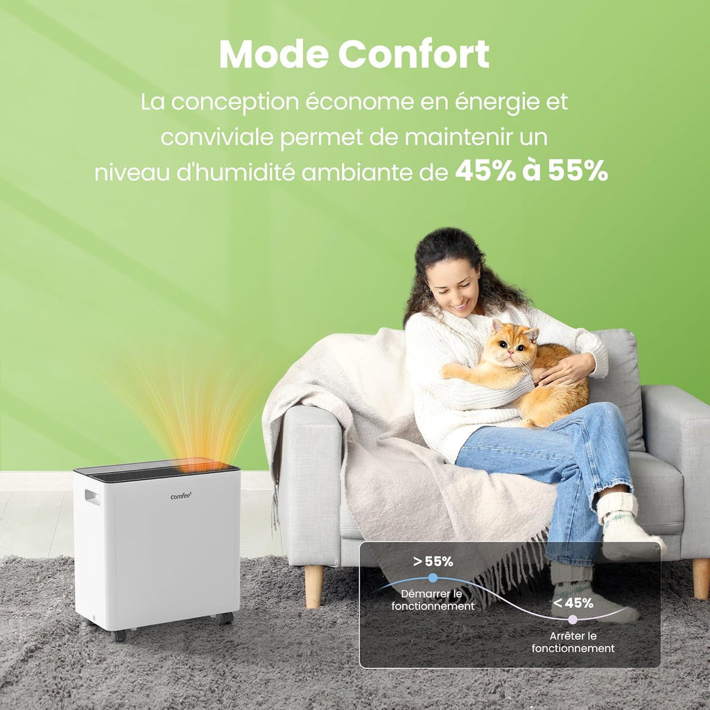Déshumidificateur Puissant, Absorbe jusqu'à 30L/Jour, Sèche-linge, Mode confort, Réservoir 3L, Minuterie 24H, Idéal pour grandes pièces de 58-73㎡, Garage, Sous-sol