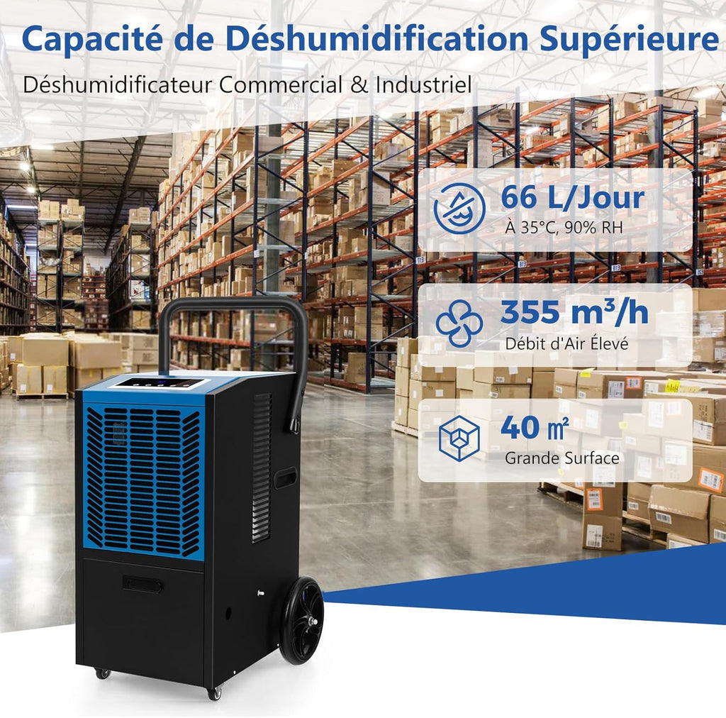 RELAX4LIFE Déshumidificateur Professionnel 66L/24h, 418m²/355m³ Industriel Pompe Vidange Sous-Sol Entrepôt Restauration (Bleu)