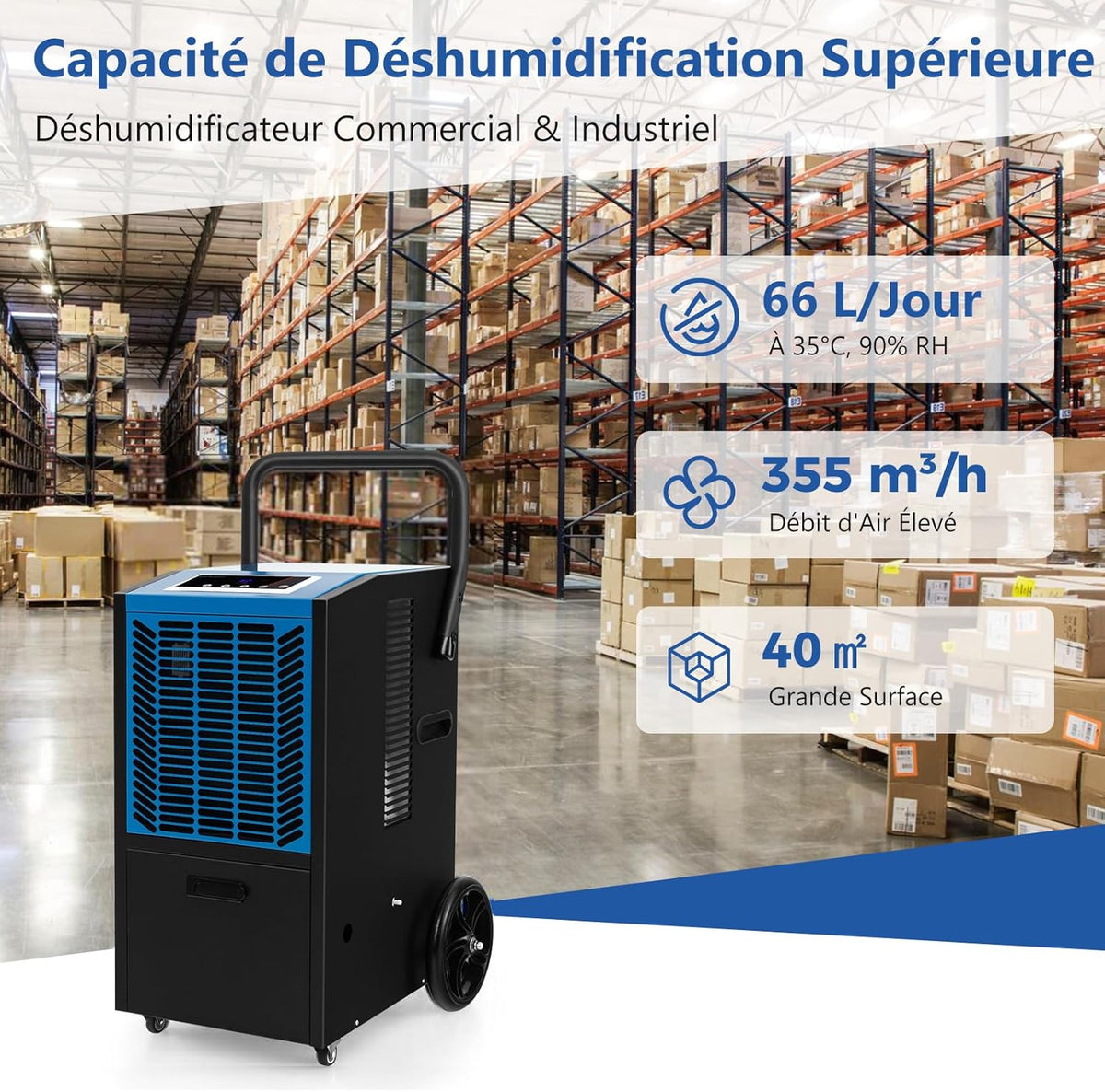 RELAX4LIFE Déshumidificateur Professionnel 66L/24h, 418m²/355m³ Industriel Pompe Vidange Sous-Sol Entrepôt Restauration (Bleu)