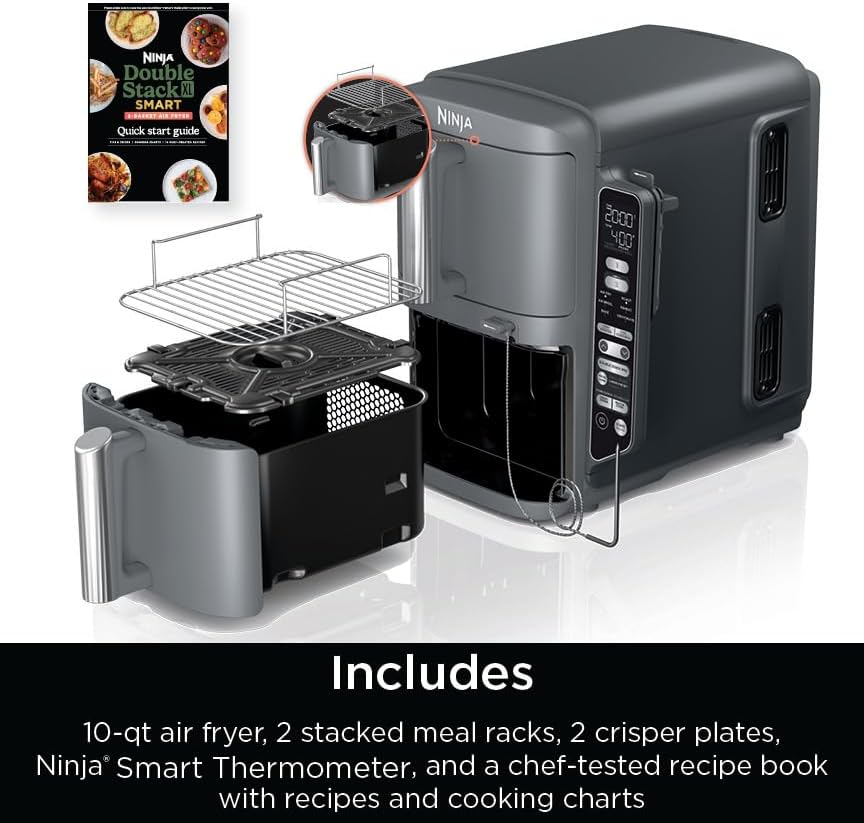 Ninja DoubleStack XL Friteuse à air intelligente avec 2 paniers, système de cuisson intelligent, technologie DoubleStack qui cuit 4 aliments à la fois, design peu encombrant, 10 litres