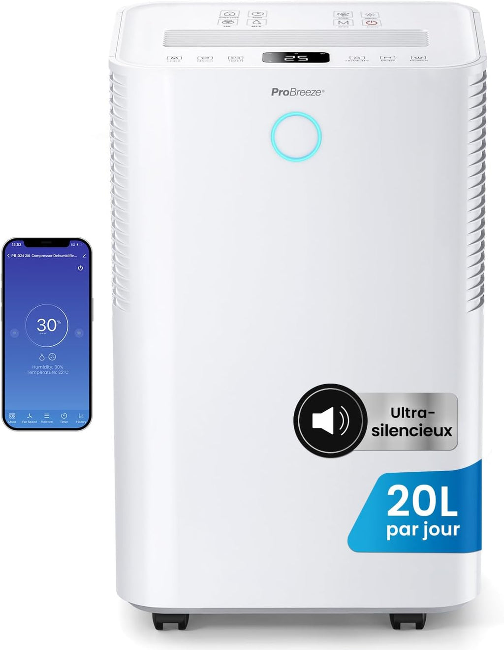 Pro Breeze OmniDry Déshumidificateur compresseur Intelligent 20L/Jour avec réservoir d'eau 4L, séchage du Linge & capteur d'humidité Auto - Absorbeur d’humidité, Contre moisissures & Condensation
