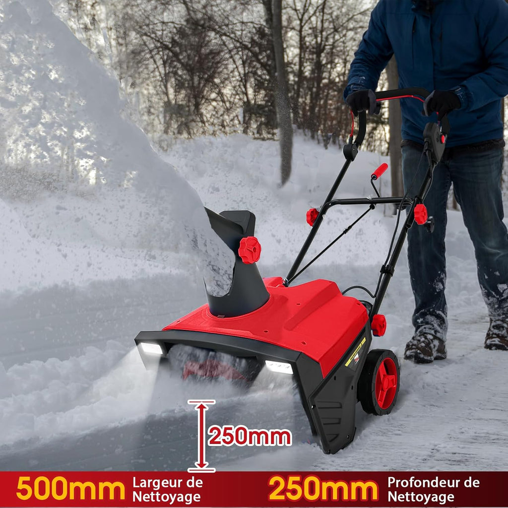 GYMAX Déneigeuse Électrique avec Lumières, Lame 50x25cm, Vitesse 3000rpm, Distance de Jet de Neige 9 m, Goulotte d'Éjection Réglable, Fraise à Neige à Brancher