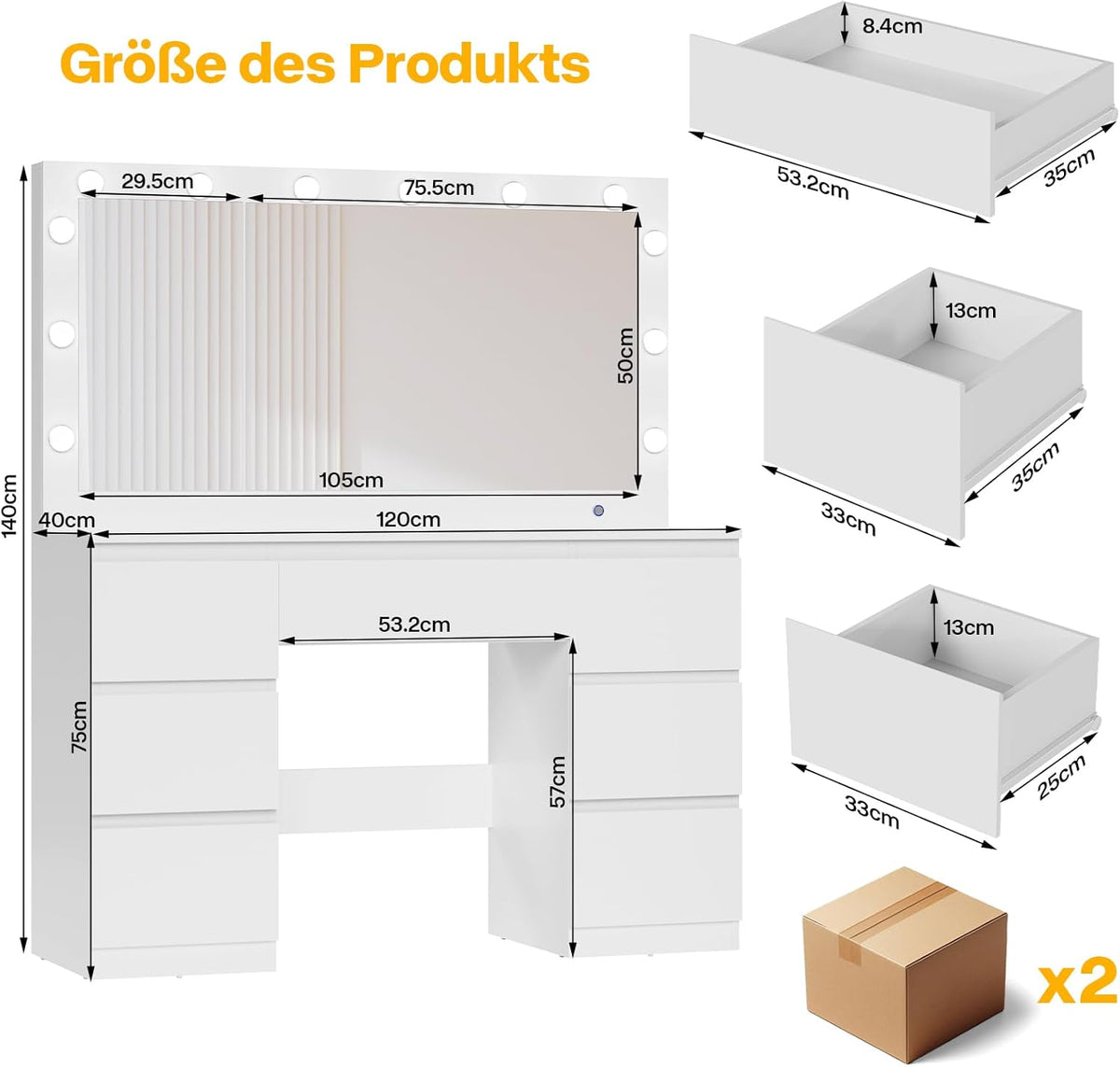 Airfish Coiffeuse avec 12 Ampoules LED et Grand Miroir, Éclairage Réglable, 120x40x140cm, Table de Maquillage avec Multiprise, Rangement pour Bijoux Derrière Le Miroir et 7 Tiroirs