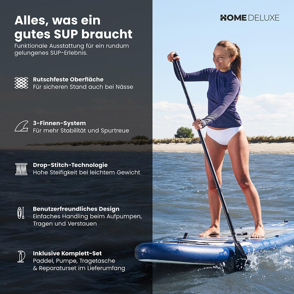 HOME DELUXE Planche de Stand up Paddle - Taille S, Bleu Sup Gonflable pour lac, mer et rivière