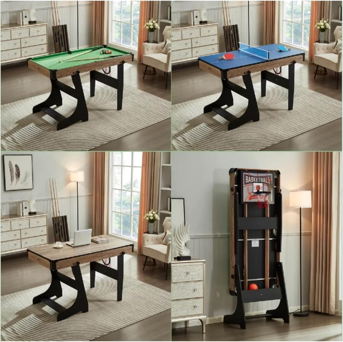 LINRIYOU Portable Table Multi-Jeux 4 en 1, Billard, Tennis De Table, Basketball, Meuble De Jeux Pliable avec Rangement Vertical, IdéAle pour Enfants Et Famille(Color:Green)