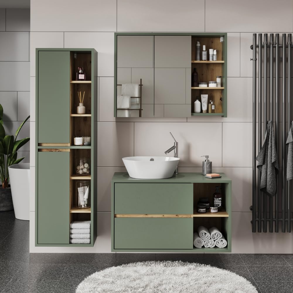 Vicco Meuble sous lavabo Viola, Vert/Artisan, 100x60cm avec 2 tiroirs