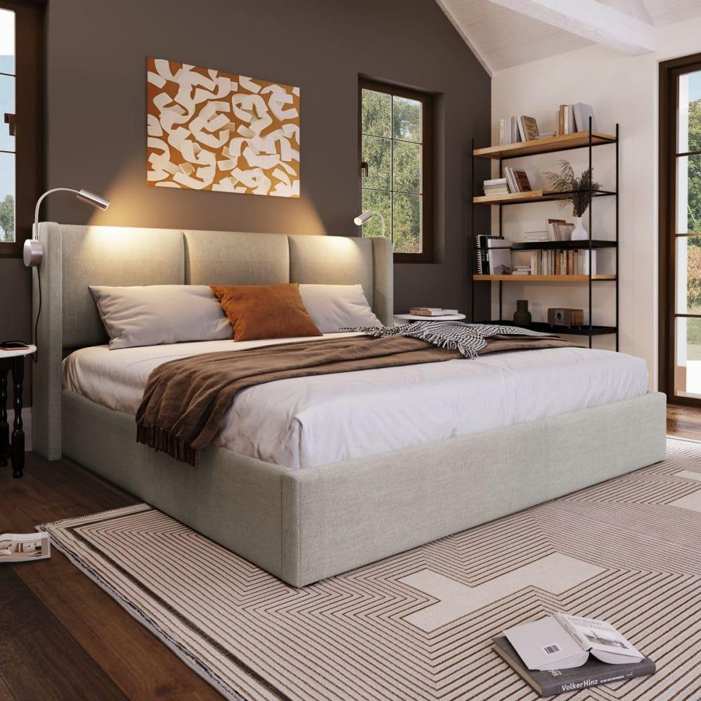 Sweiko Rembourré Cadre de Lit 140x200 cm avec éclairage LED sommier et Rangement à Lattes,USB Chargement, Linen sans Matelas