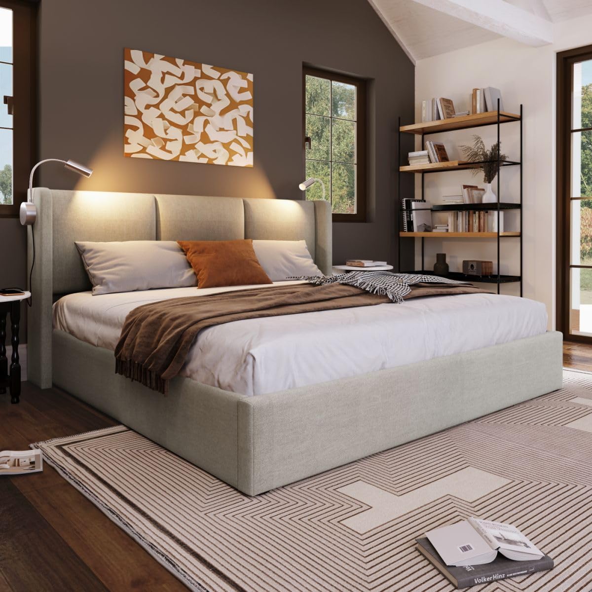 Sweiko Rembourré Cadre de Lit 140x200 cm avec éclairage LED sommier et Rangement à Lattes,USB Chargement, Linen sans Matelas