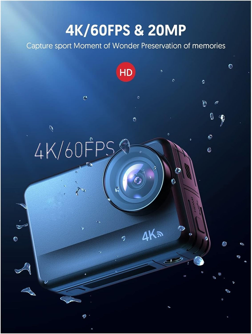 YZ-LIANG Caméra d'action Appareil Photo d'action 4K 60fps 8m Machine Nue étanche 2 0MP Écran Tactile EIS Télécommande avec Piles 1350mAh Qualité HD