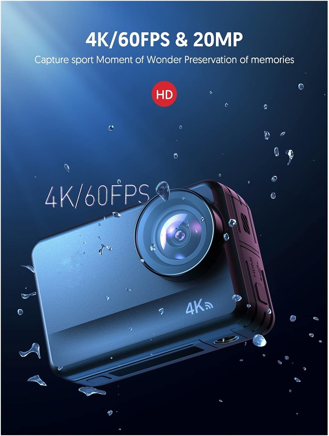 YZ-LIANG Caméra d'action Appareil Photo d'action 4K 60fps 8m Machine Nue étanche 2 0MP Écran Tactile EIS Télécommande avec Piles 1350mAh Qualité HD