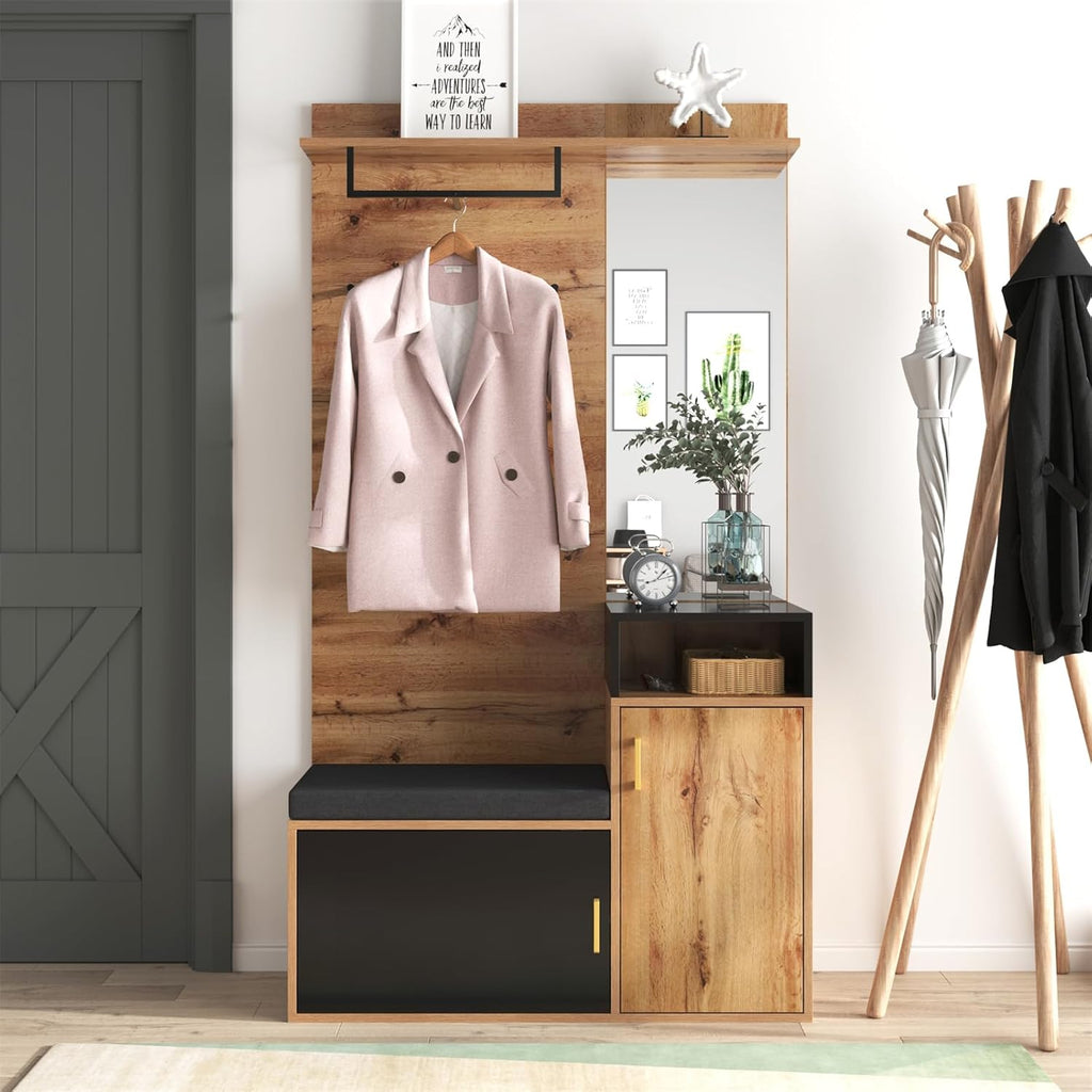 Sweiko Lot de 4 porte-manteaux avec 4 patères, miroir, armoire à chaussures, porte-manteau mural, étagère supérieure, couloir banc